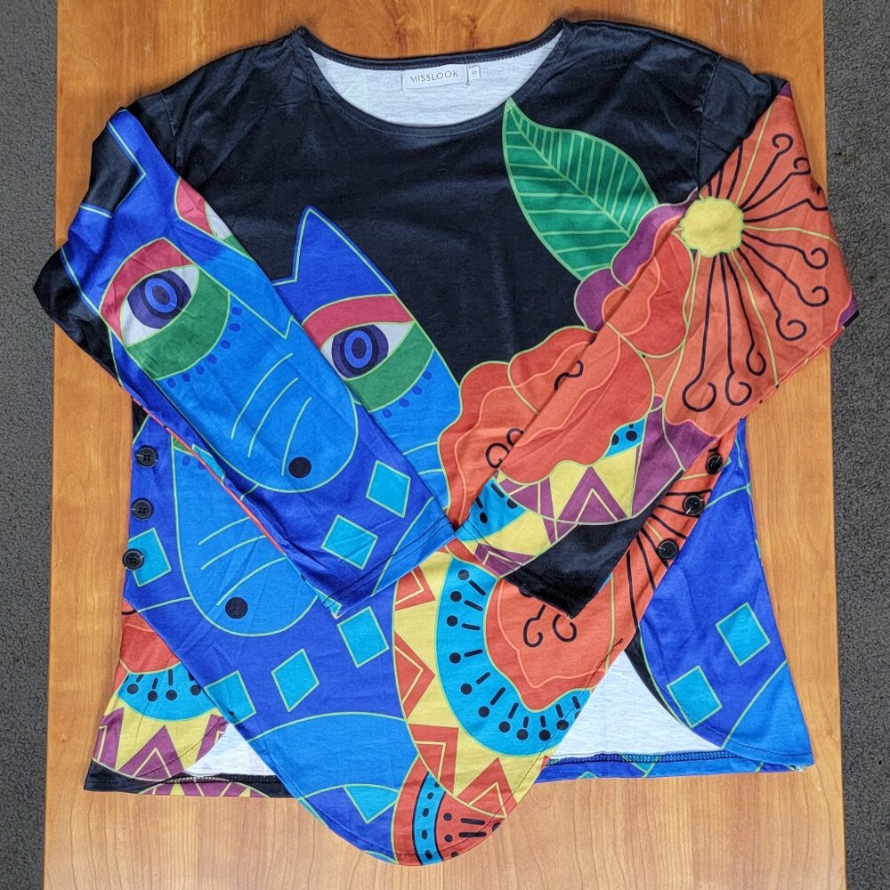 Miss Look Colorful Abstract Cat Tunic Top Button Details - S - Picture 2 of 9
